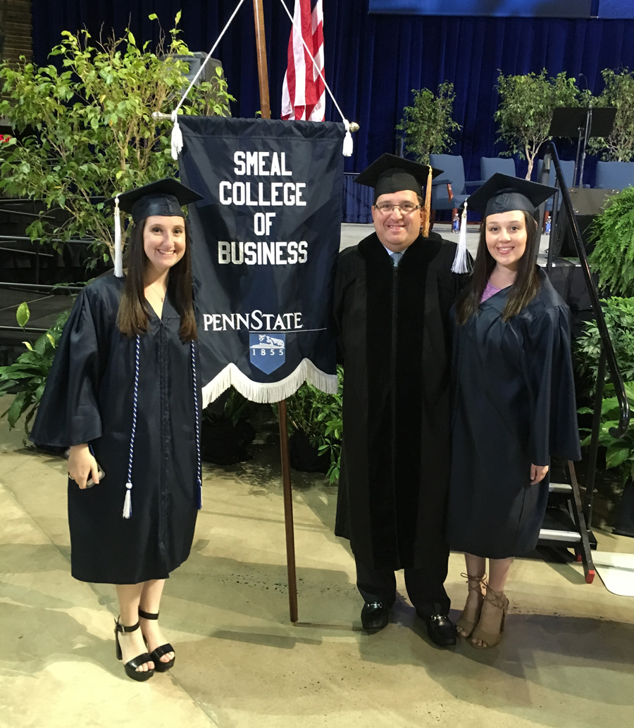 The Sredni  family includes Kayla, ‘16 Mgmt, Salo ‘87 Acctg, and Rebecca ‘16 Mktg (all pictured) along with Ellen ‘88 H&HD. Salo was the commencement speaker in 2016 when daughters Kayla and Rebecca graduated from Penn State.